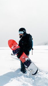 Preview wallpaper snowboard, girl, snow, snowboarder, board, sports equipment, winter, winter sports