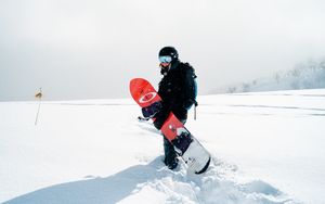 Preview wallpaper snowboard, girl, snow, snowboarder, board, sports equipment, winter, winter sports
