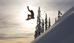 Preview wallpaper snowboard, jump, descent, evening