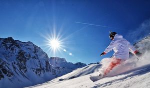 Preview wallpaper snowboard, snow, mountains, sun, adrenaline