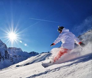 Preview wallpaper snowboard, snow, mountains, sun, adrenaline