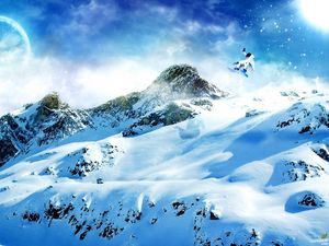 Preview wallpaper snowboard, snow, mountains