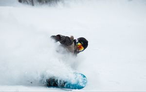 Preview wallpaper snowboard, snowboarder, snow, helmet, glasses