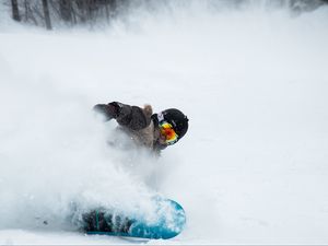 Preview wallpaper snowboard, snowboarder, snow, helmet, glasses