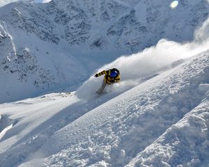 Preview wallpaper snowboarder, snow, mountains