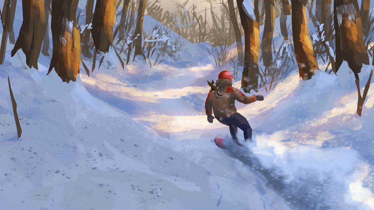 Wallpaper snowboarder, snowboard, forest, snow, winter, art