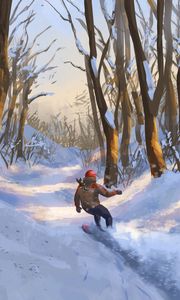 Preview wallpaper snowboarder, snowboard, forest, snow, winter, art