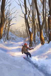 Preview wallpaper snowboarder, snowboard, forest, snow, winter, art