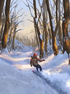 Preview wallpaper snowboarder, snowboard, forest, snow, winter, art