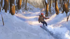 Preview wallpaper snowboarder, snowboard, forest, snow, winter, art
