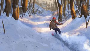 Preview wallpaper snowboarder, snowboard, forest, snow, winter, art