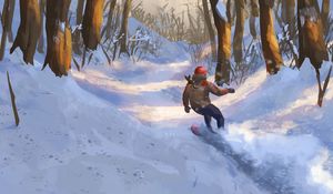 Preview wallpaper snowboarder, snowboard, forest, snow, winter, art