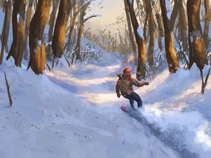 Preview wallpaper snowboarder, snowboard, forest, snow, winter, art