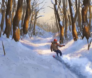 Preview wallpaper snowboarder, snowboard, forest, snow, winter, art