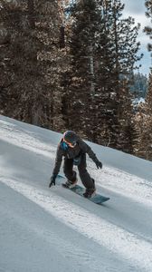 Preview wallpaper snowboarder, snowboard, helmet, slope, snow