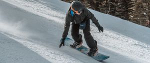 Preview wallpaper snowboarder, snowboard, helmet, slope, snow