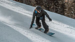 Preview wallpaper snowboarder, snowboard, helmet, slope, snow