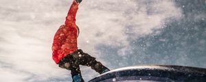 Preview wallpaper snowboarder, snowboard, helmet, snow, trick