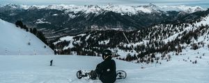 Preview wallpaper snowboarder, snowboard, snow, mountains, winter