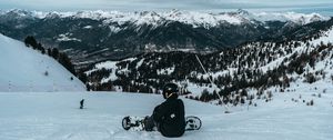 Preview wallpaper snowboarder, snowboard, snow, mountains, winter