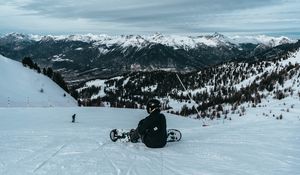 Preview wallpaper snowboarder, snowboard, snow, mountains, winter