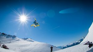 Preview wallpaper snowboarding, snowboarder, mountain, snow, slope