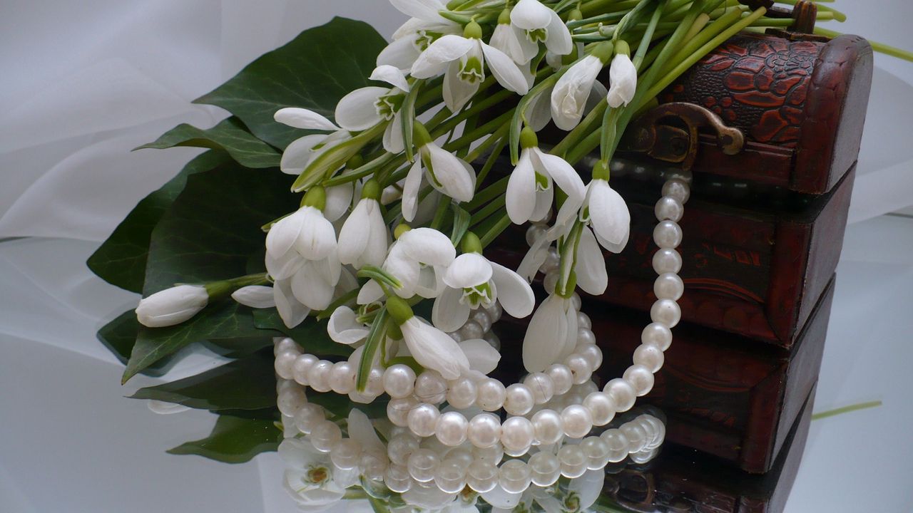 Wallpaper snowdrops, flowers, casket, jewelry, mirrors, reflection