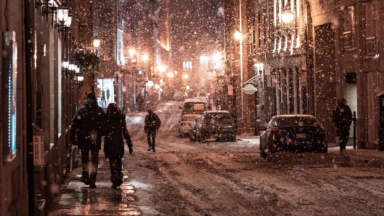 Wallpaper snowfall, people, street, night, evening, city, winter