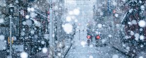Preview wallpaper snowfall, snow, street, city, winter