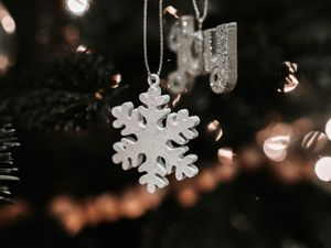 Preview wallpaper snowflake, christmas, new year, decoration, blur, tree toy