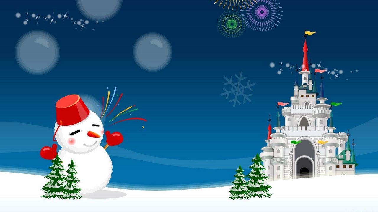 Wallpaper snowman, castle, fireworks, holiday, christmas trees, christmas