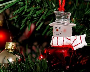 Preview wallpaper snowman, christmas decorations, branch, tree