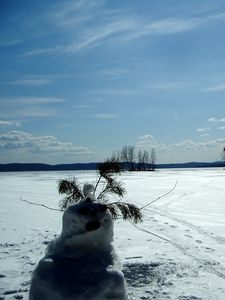 Preview wallpaper snowman, field, traces, trees