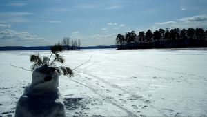 Preview wallpaper snowman, field, traces, trees