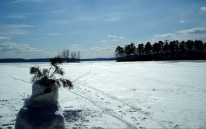 Preview wallpaper snowman, field, traces, trees