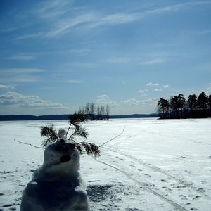 Preview wallpaper snowman, field, traces, trees