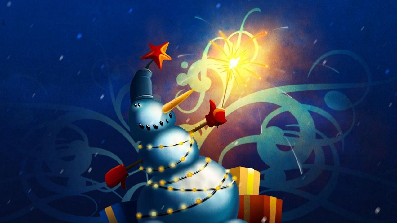 Wallpaper snowman, garland, sparkler, gifts, holiday
