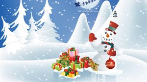 Preview wallpaper snowman, gifts, reindeer, sleighs, flying, moon, tree, inscription, christmas, new year
