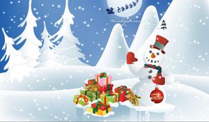 Preview wallpaper snowman, gifts, reindeer, sleighs, flying, moon, tree, inscription, christmas, new year