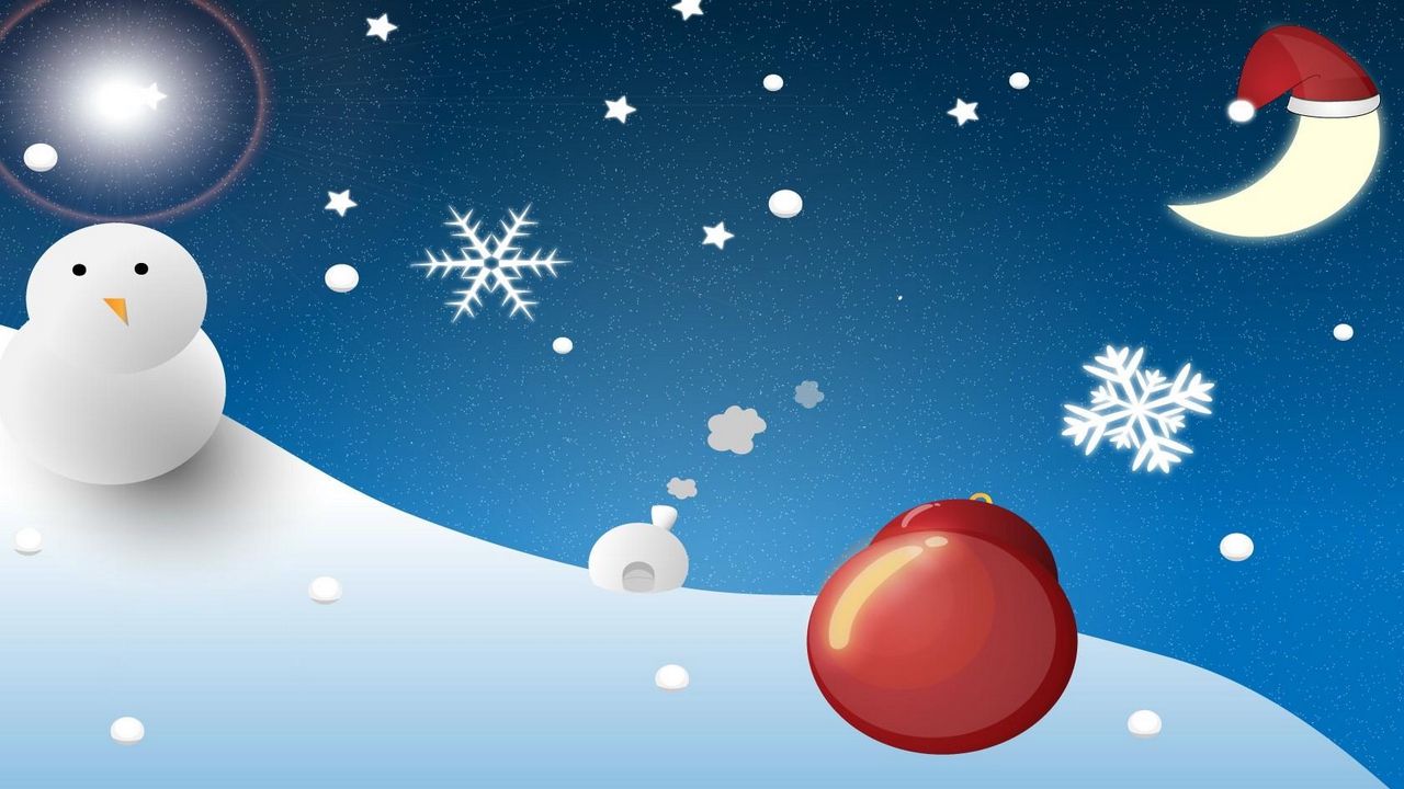 Wallpaper snowman, moon, christmas, snowflakes, christmas decorations, balloon