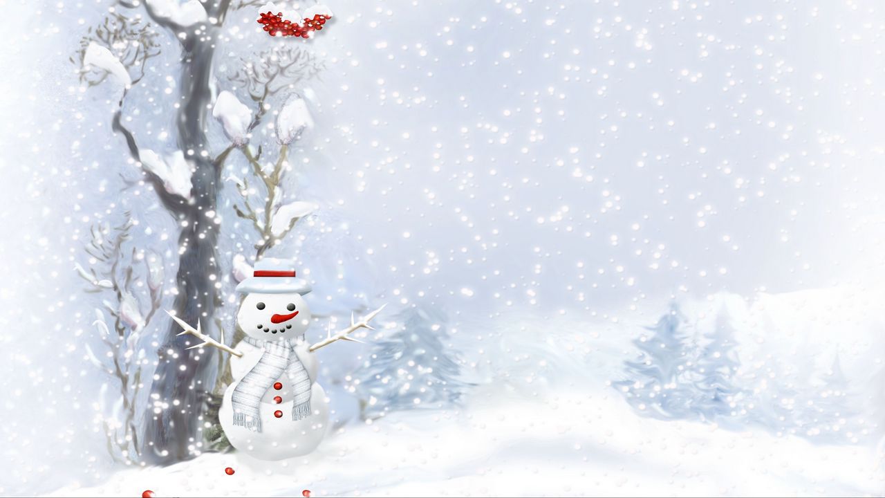 Wallpaper snowman, scarf, buttons, wood, berries, trees, snow