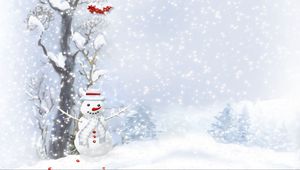 Preview wallpaper snowman, scarf, buttons, wood, berries, trees, snow