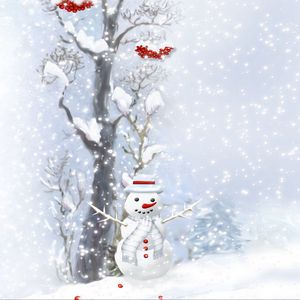 Preview wallpaper snowman, scarf, buttons, wood, berries, trees, snow