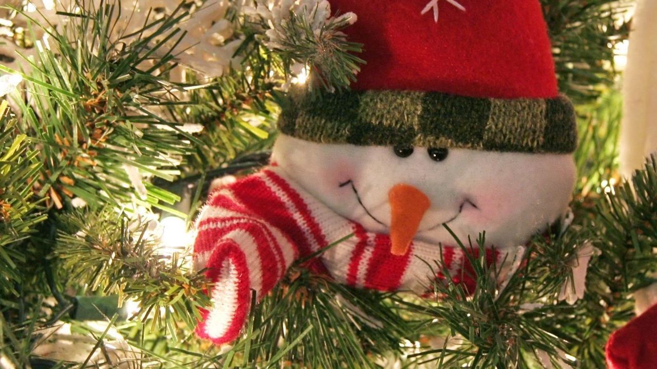 Wallpaper snowman, smiling, tree, pine needles, holiday, new year, christmas