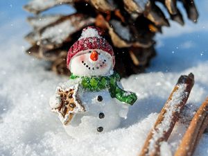 Preview wallpaper snowman, snow, cinnamon, pine cone, christmas, new year
