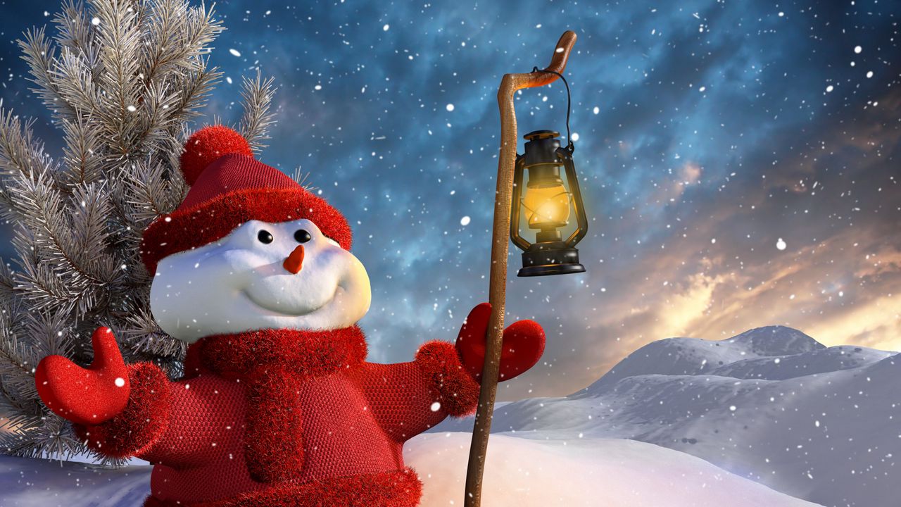 Wallpaper snowman, staff, lantern, 3d graphics, winter, snow, mountains, tree