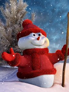 Preview wallpaper snowman, staff, lantern, 3d graphics, winter, snow, mountains, tree