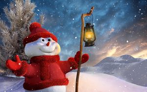 Preview wallpaper snowman, staff, lantern, 3d graphics, winter, snow, mountains, tree