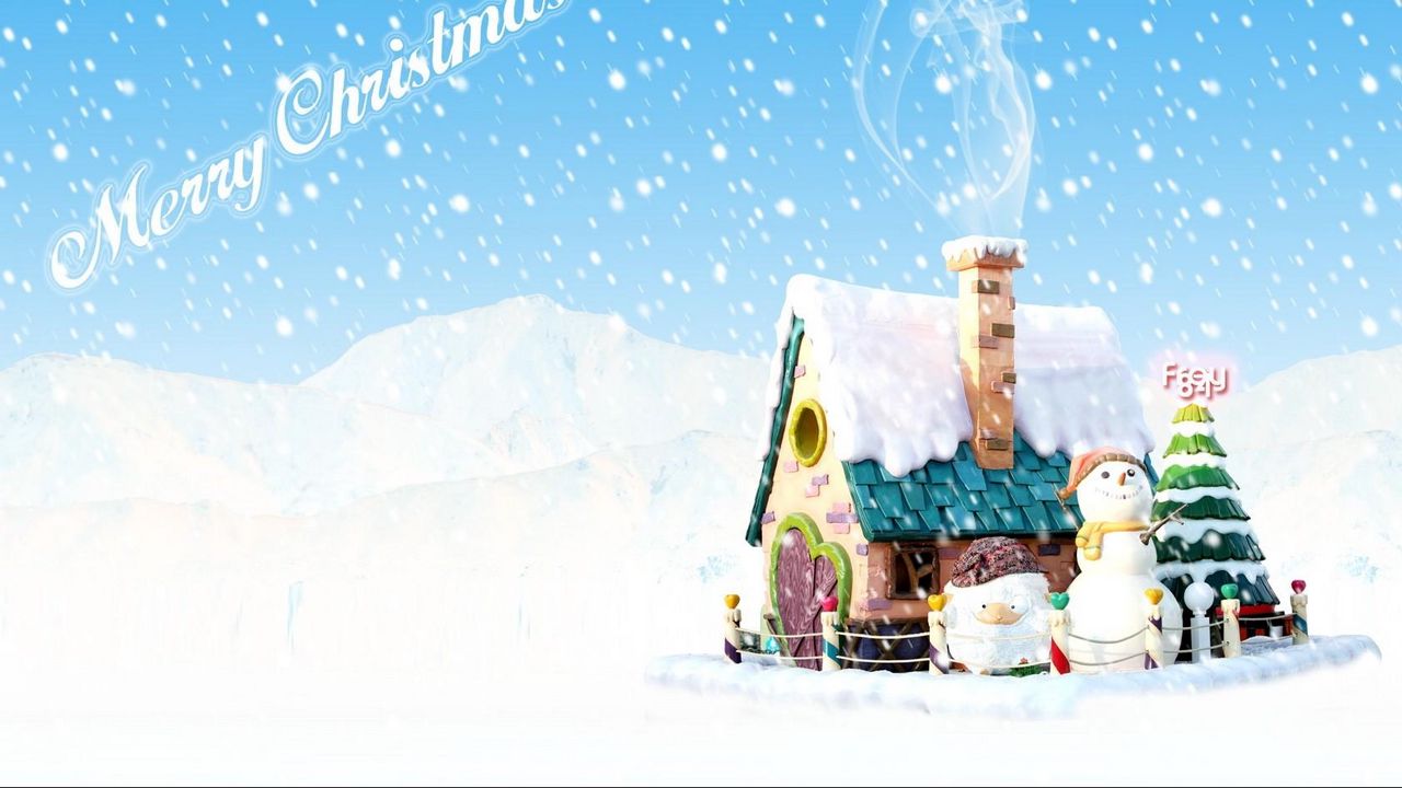 Wallpaper snowman, tree, house, smoke, snow, christmas, holiday, inscription