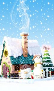 Preview wallpaper snowman, tree, house, smoke, snow, christmas, holiday, inscription